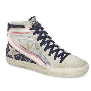 Golden Goose mid-top sneakers in glitter, suede and leather.